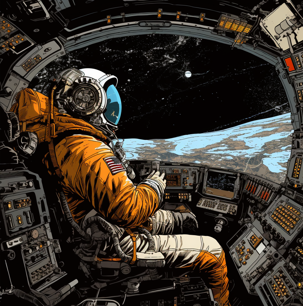 Stylized image of an astronaut sitting in a cockpit looking out at space near a planet