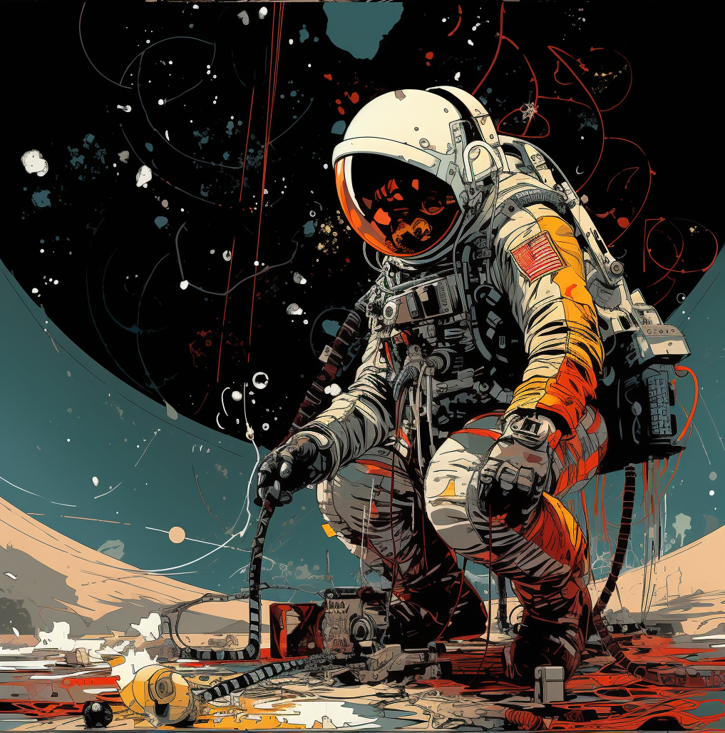 Stylized image of an astronaut in a space suit crouching to reach something on another planet