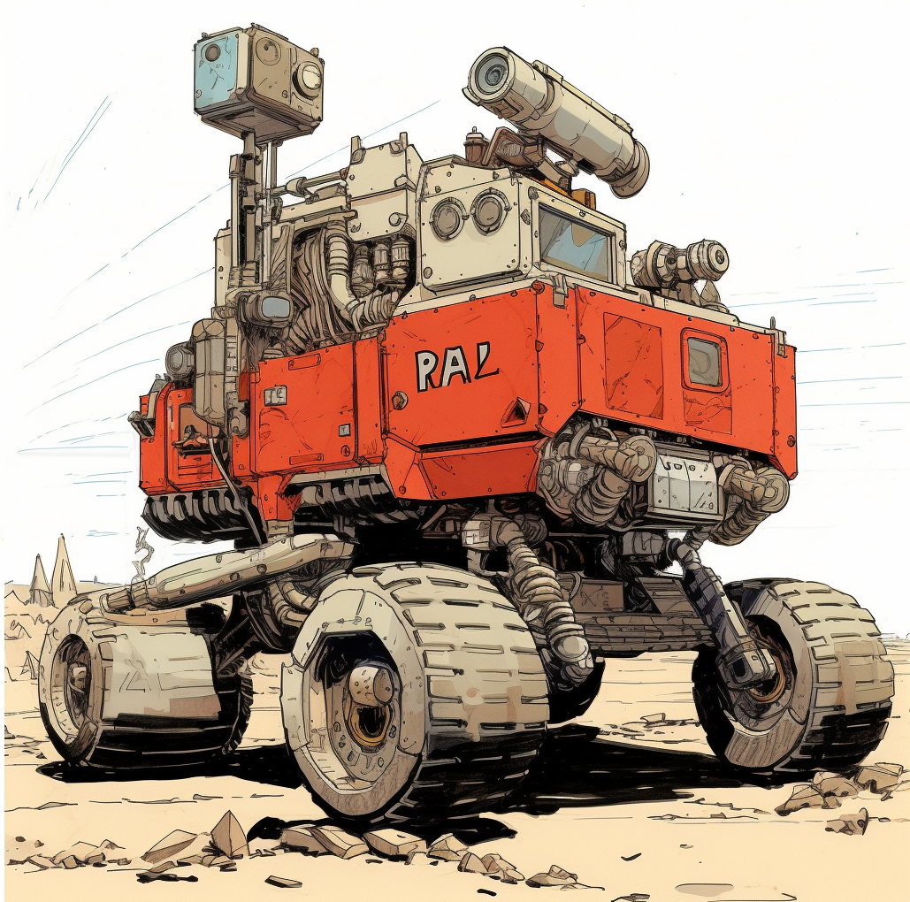 Stylized image of a planetary rover on another planet
